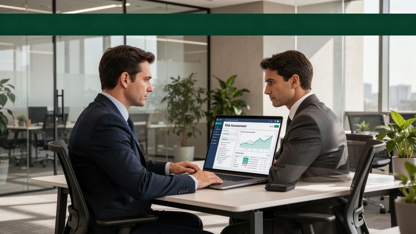 A security director reviews a risk assessment dashboard on a laptop in a modern office.