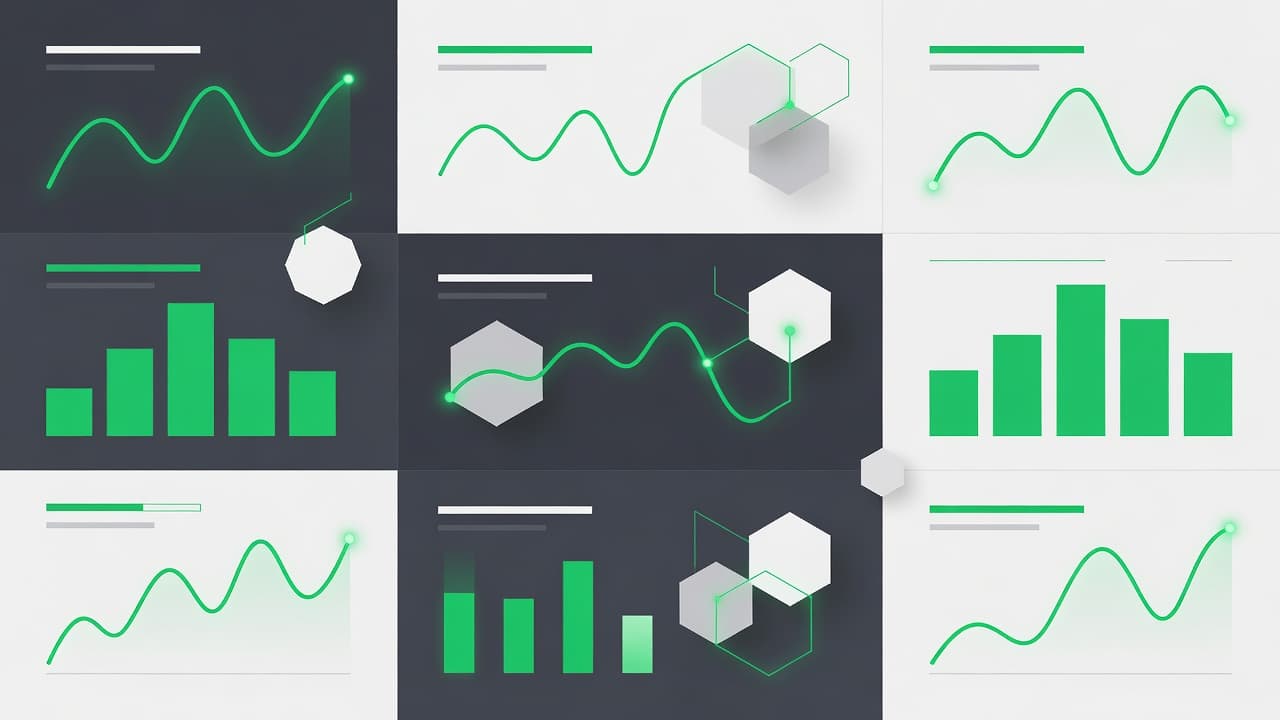 A digital interface features glowing green geometric charts and analytical metrics floating against a dark background. Abstract identity icons signify user security levels within this high-tech software governance analytics display.