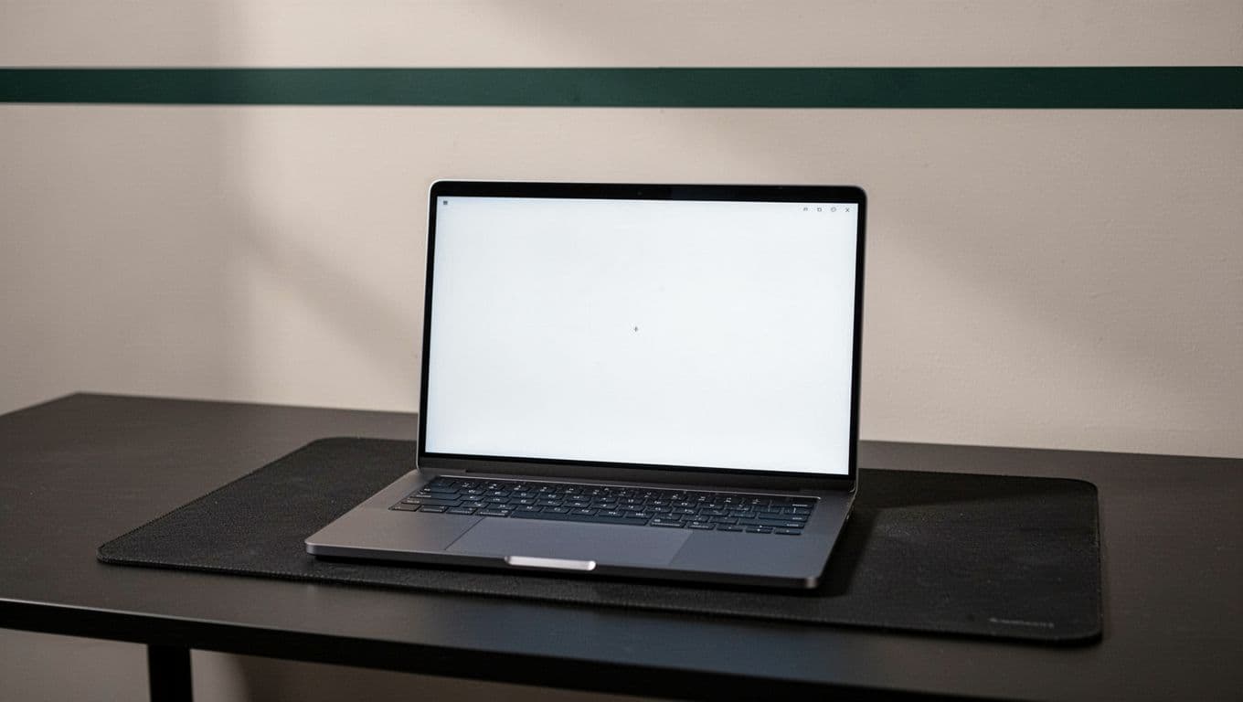 An open laptop on a dark desk beneath a bold horizontal green wall accent.