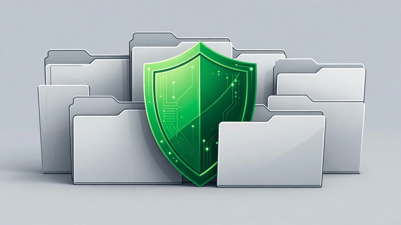Abstract file folders are positioned behind a glowing green digital shield on a neutral background. The composition uses clean geometric shapes to represent a protected and organized cloud storage environment.