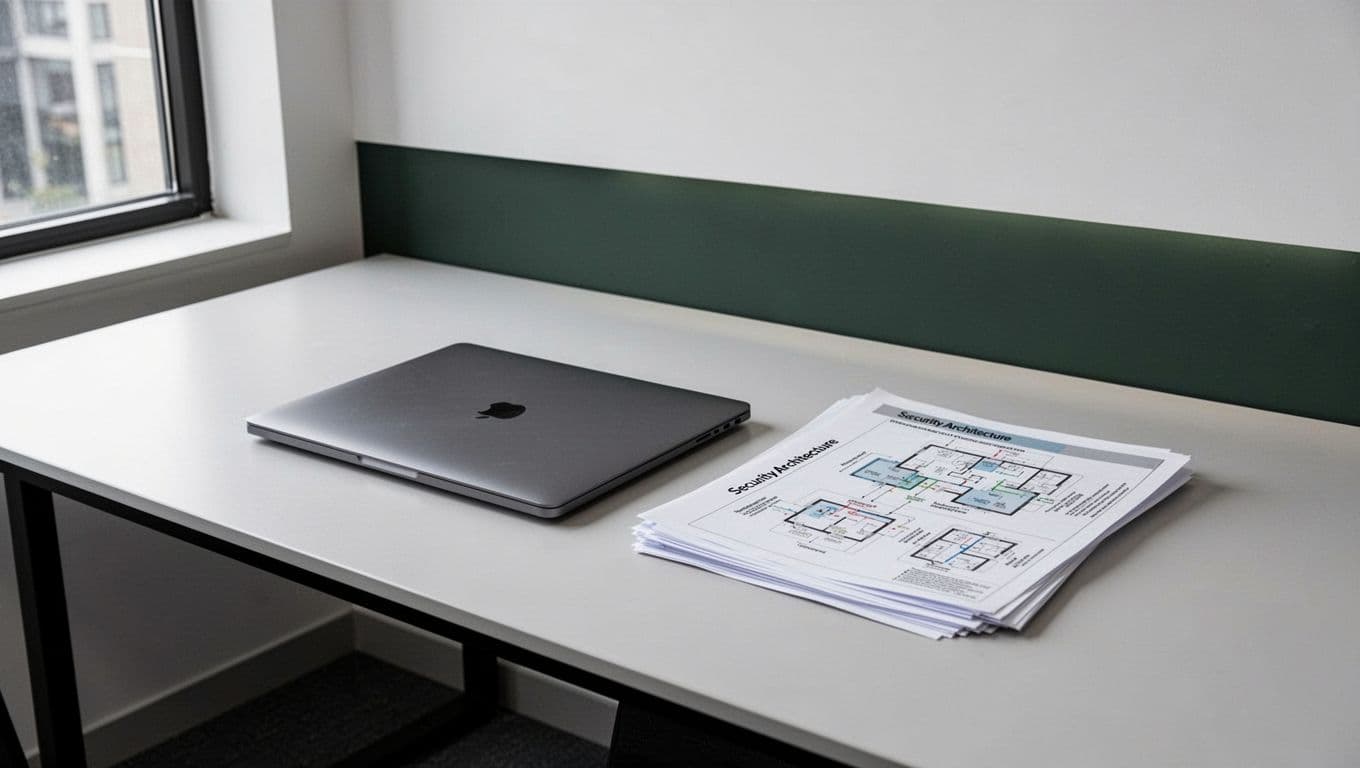 A secure laptop and security architecture diagrams on a minimalist desk.