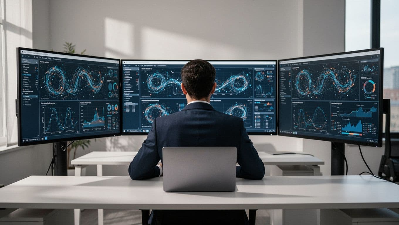 A security analyst reviewing threat intelligence graphs on dual monitors in a modern corporate office.
