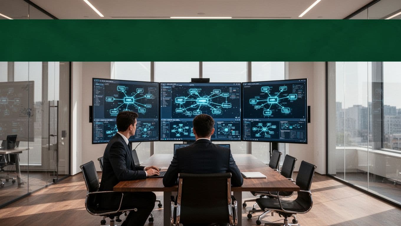 A security professional reviews network topology diagrams on large boardroom monitors.