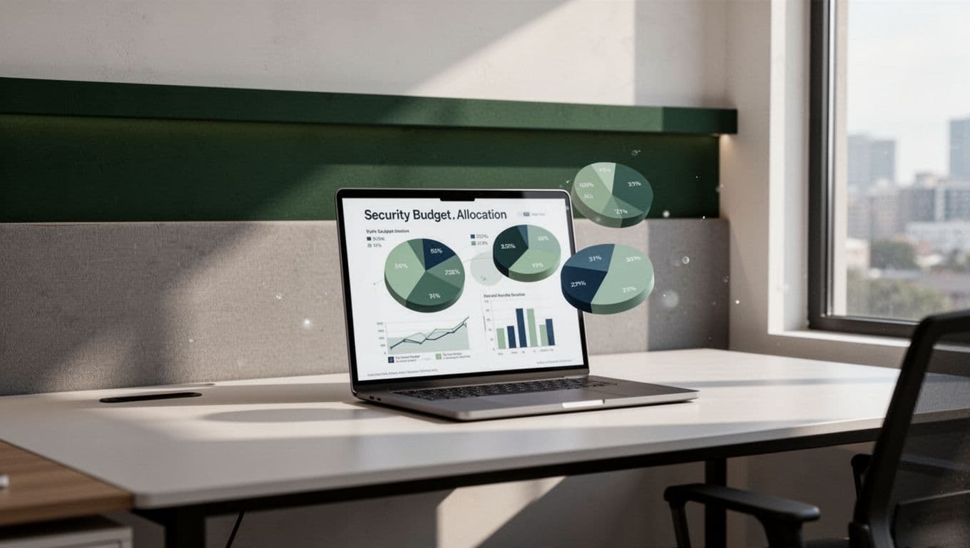 An office desk with abstract security budget charts and a green banner.