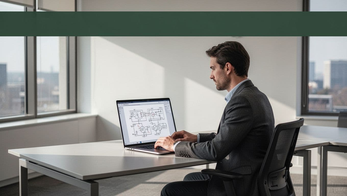 An office worker reviewing security diagrams on a laptop at a minimalist desk.