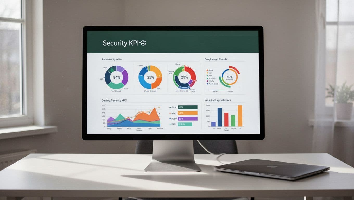 A computer monitor and laptop showing security metrics on a dark screen.