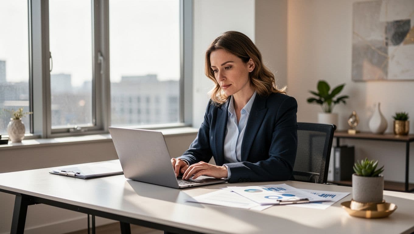 A professional recruiter working at a modern desk beneath a bold editorial headline banner.