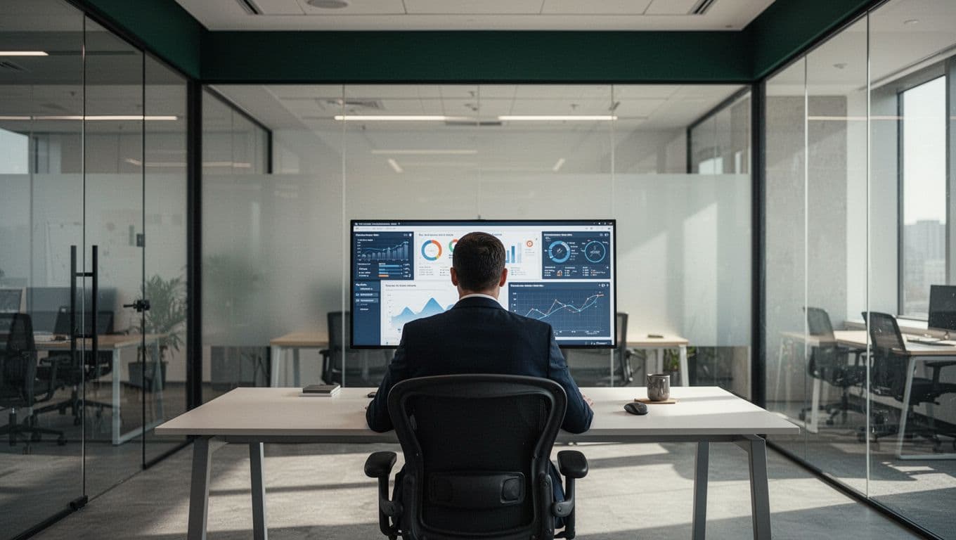 A corporate security leader reviewing human risk metrics on a desktop monitor.