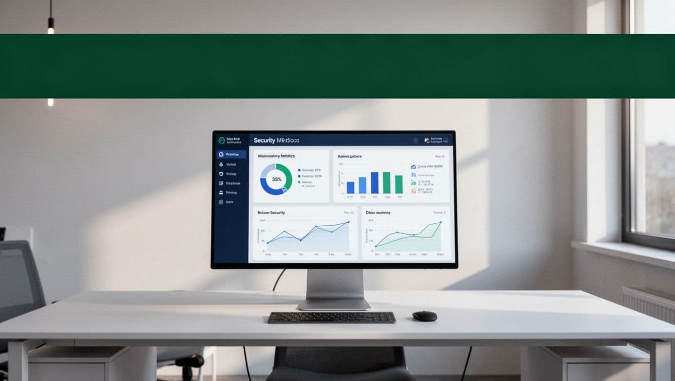 A dark green headline band above a clean IT operations desk and a secure server monitor.
