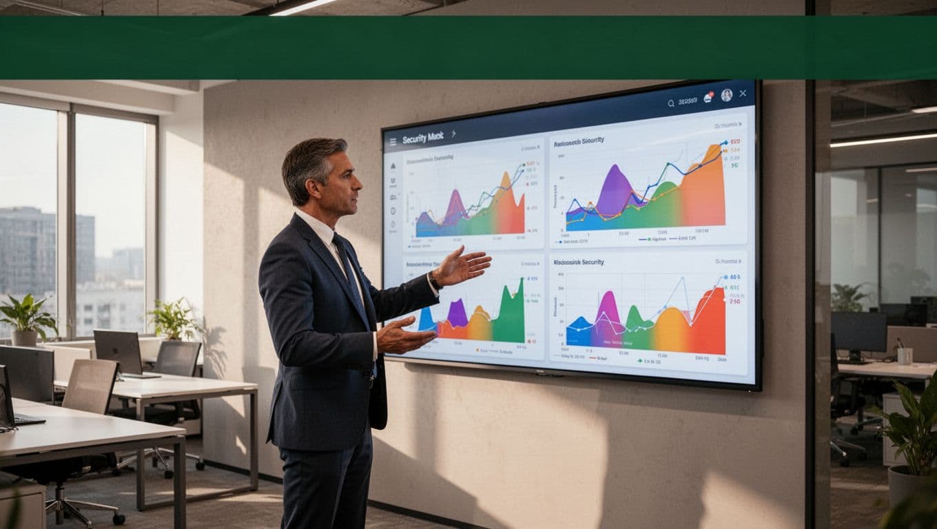 An executive reviewing enterprise security metrics on a large office display.