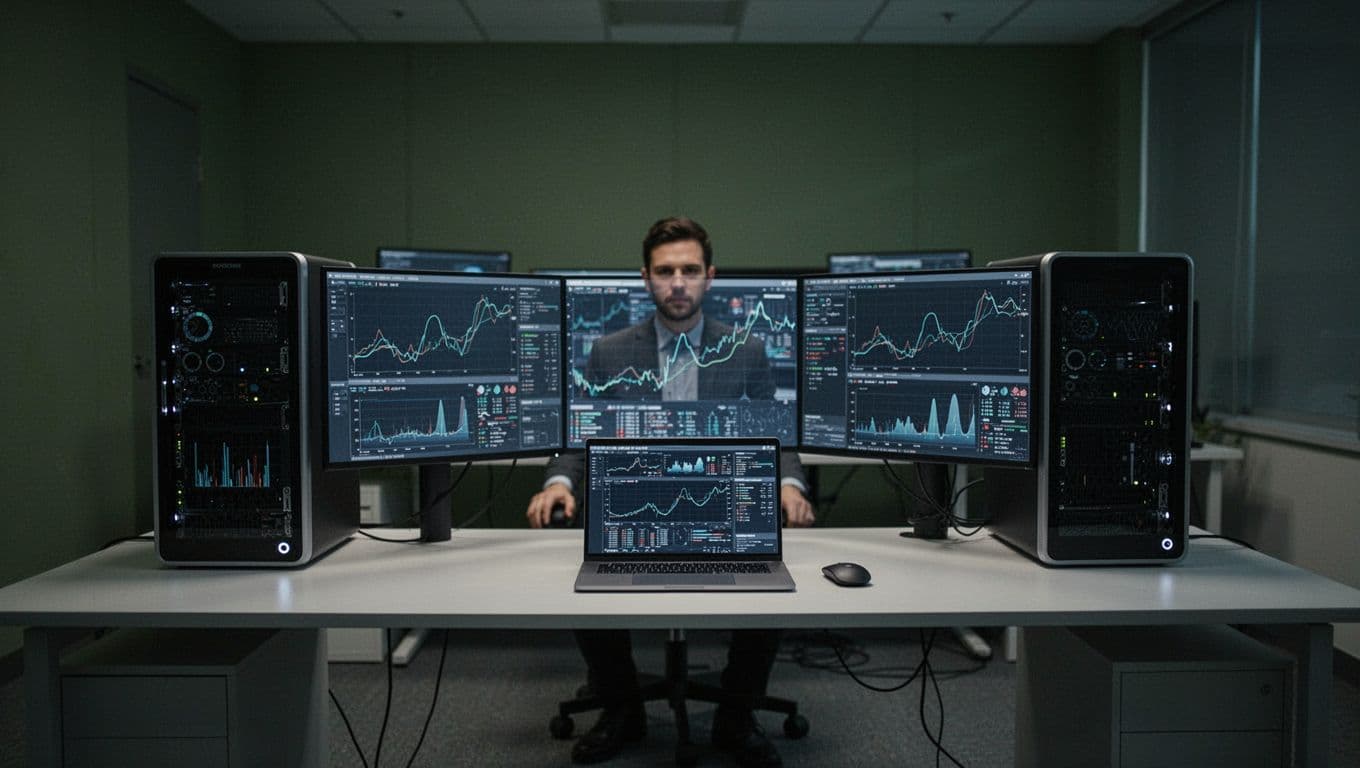 A minimal desk with a laptop and server monitors showing data graphs in a dark office.