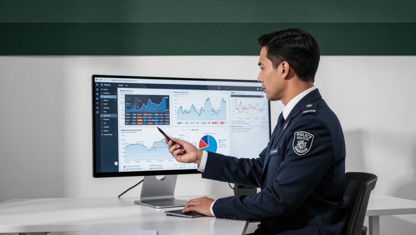 A security professional reviewing risk assessment data on an office monitor.