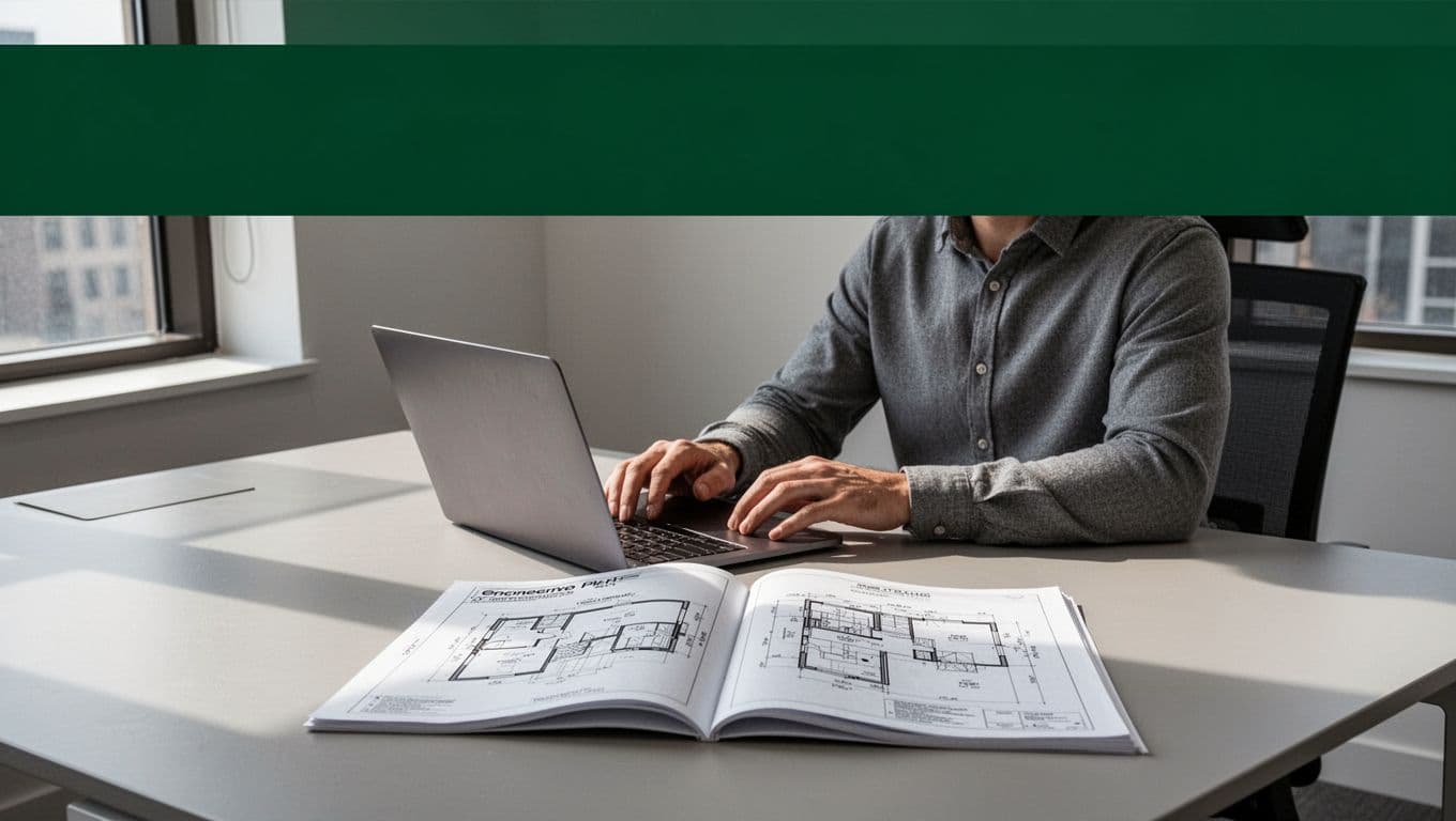 A professional reviewing a security plan on a desk in a bright office.