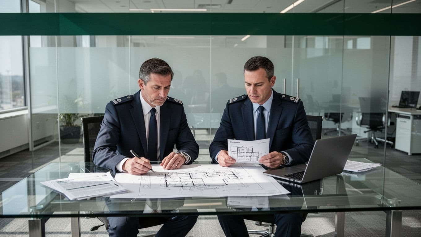 Two executives reviewing security blueprints and compliance documents at a glass office desk.