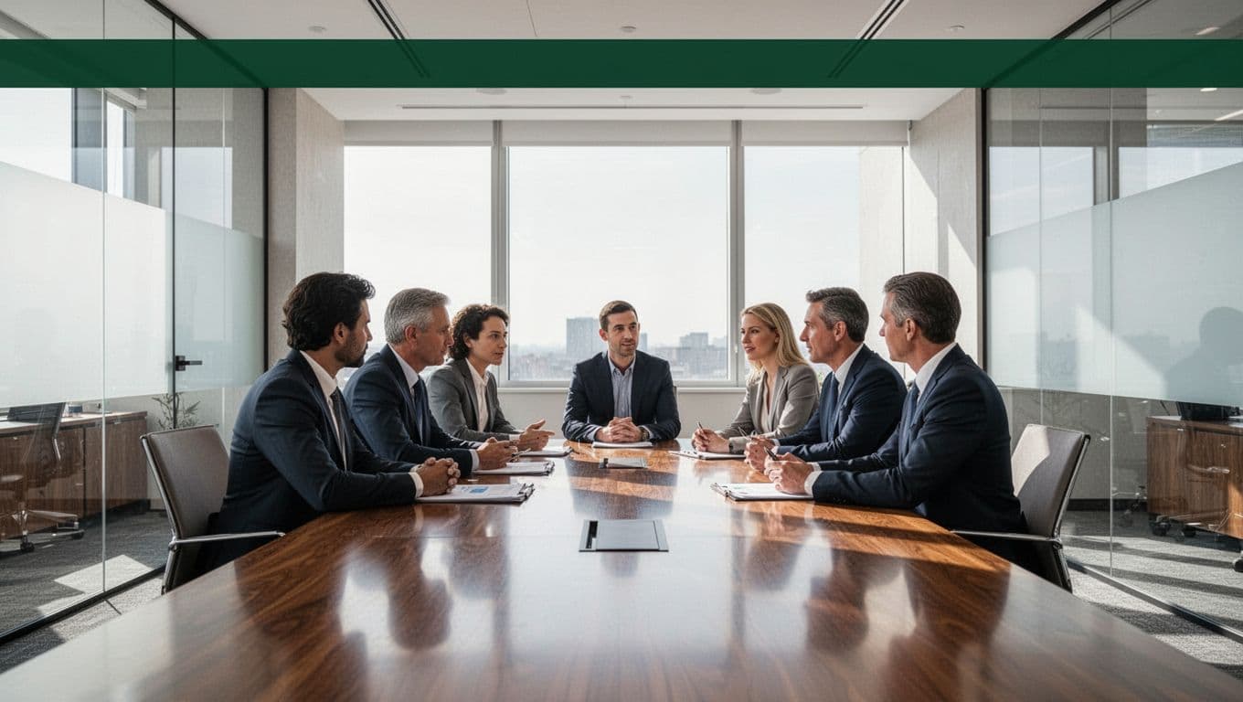 A corporate boardroom scene set below a dark green headline banner.