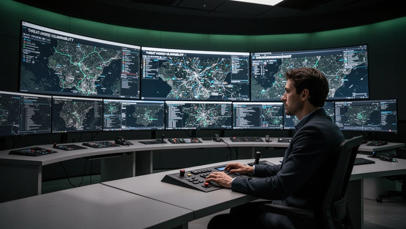 An analyst reviews security vulnerability maps on large glowing monitors in a dark control room.
