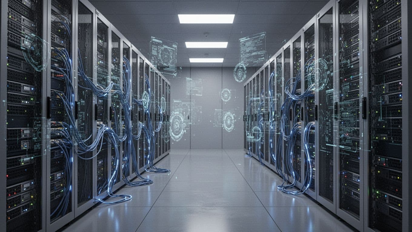 Server racks illuminated by blue network cables and glowing digital overlays.