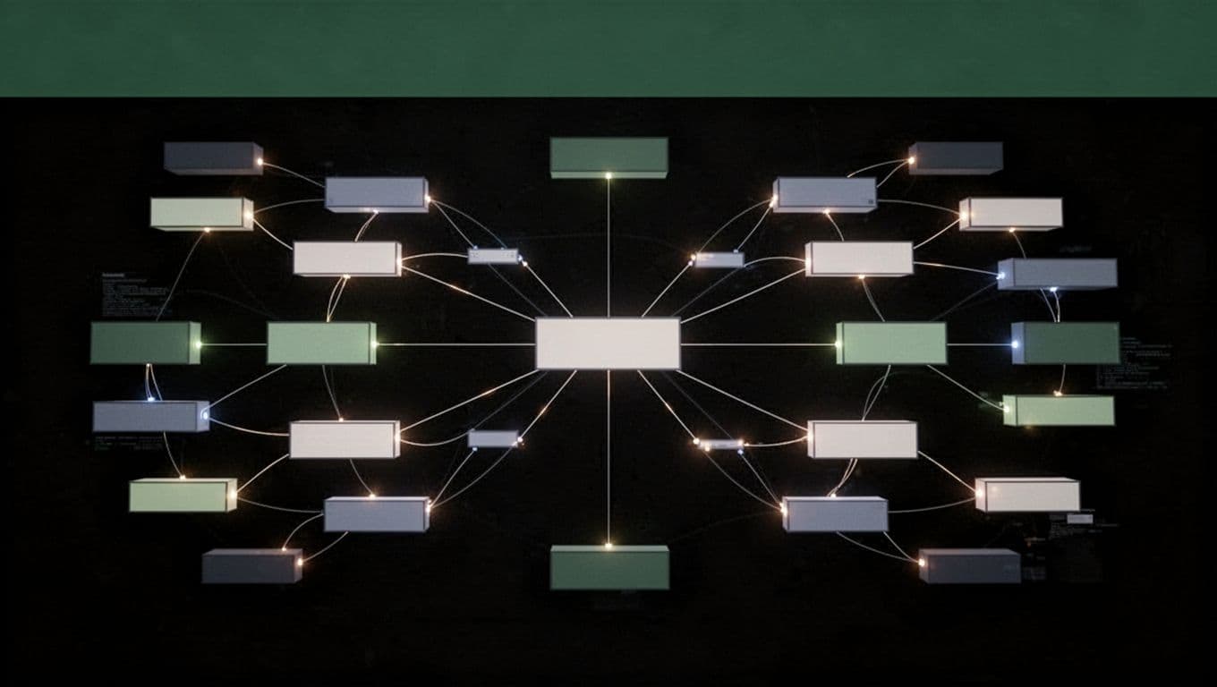 Connected blocks illustrating software dependencies under a dark-green risk headline band.