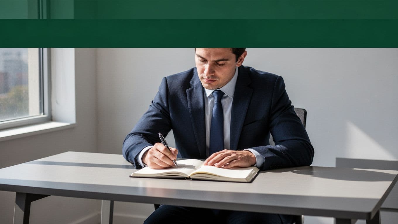 A dark green banner with bold text over a desk holding a notebook and pen.