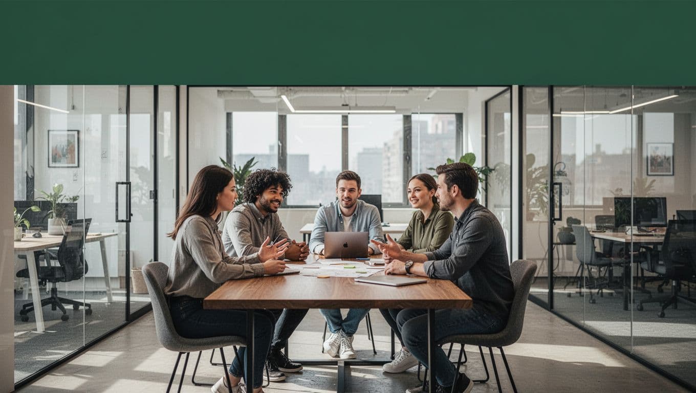 A startup team collaborates around a wooden table in a bright modern office.
