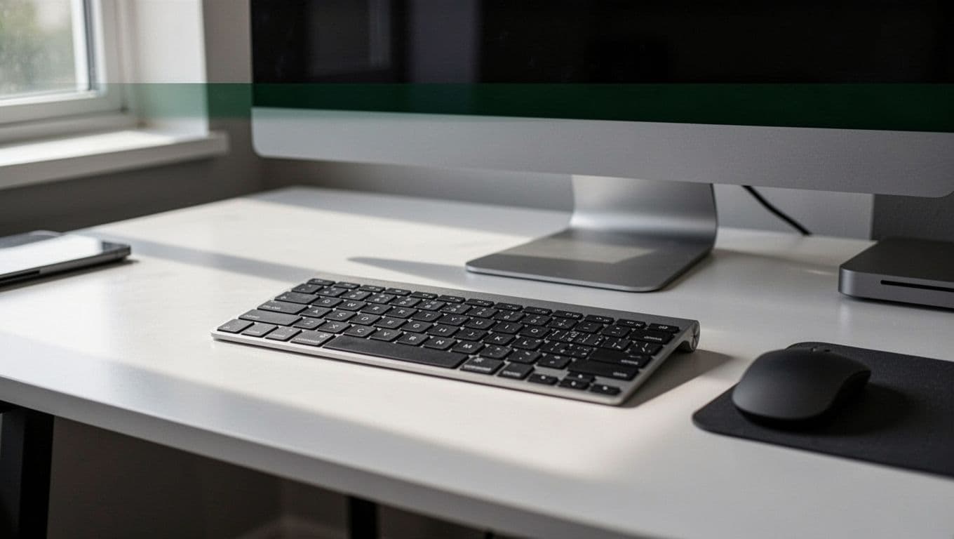 A green banner reading STEP PROCEDURE above a desk with a keyboard and hardware.