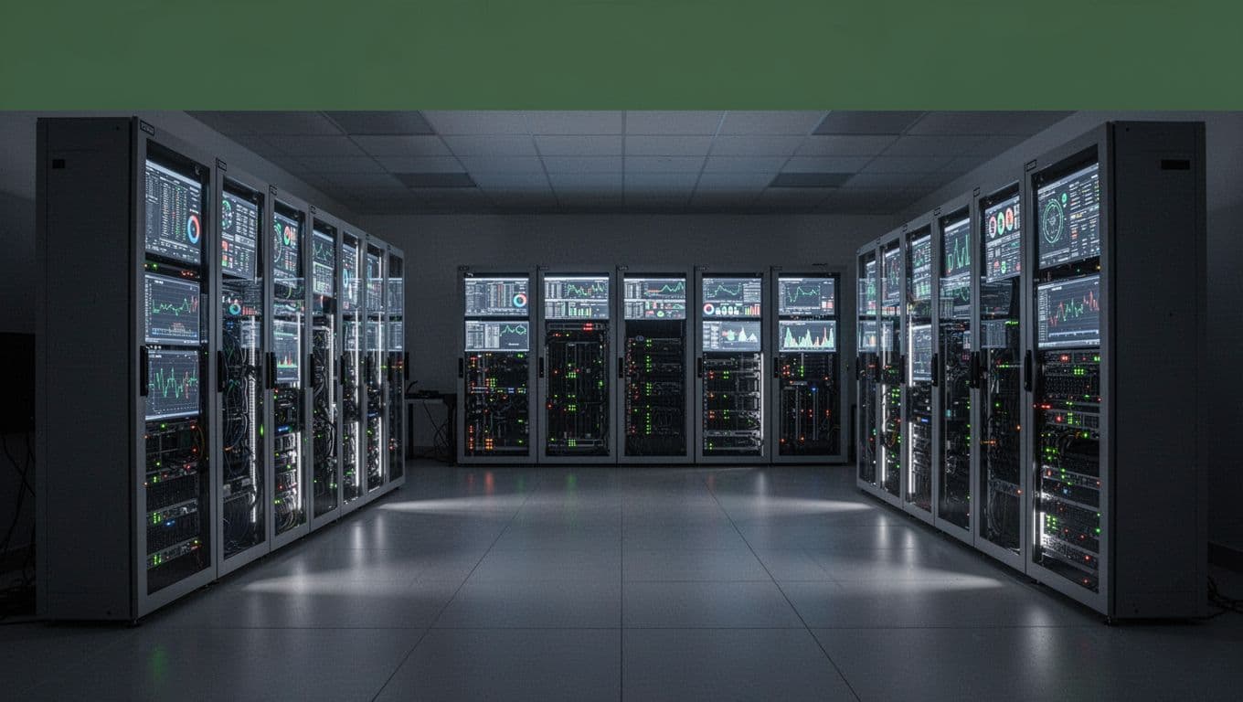 An automated technology operations center featuring glowing server racks and monitoring screens under professional lighting.