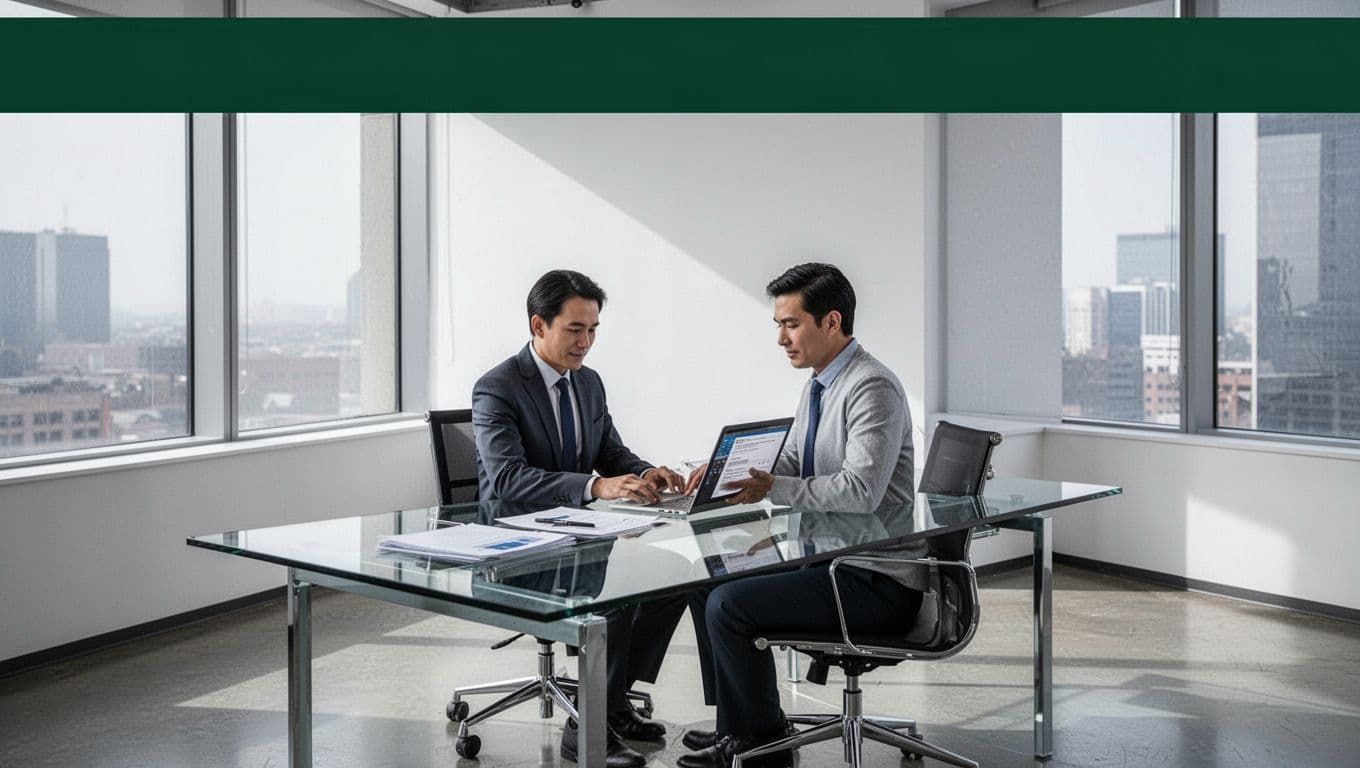 One professional reviews documents at a conference table beneath an AUDIT FIRMS banner.