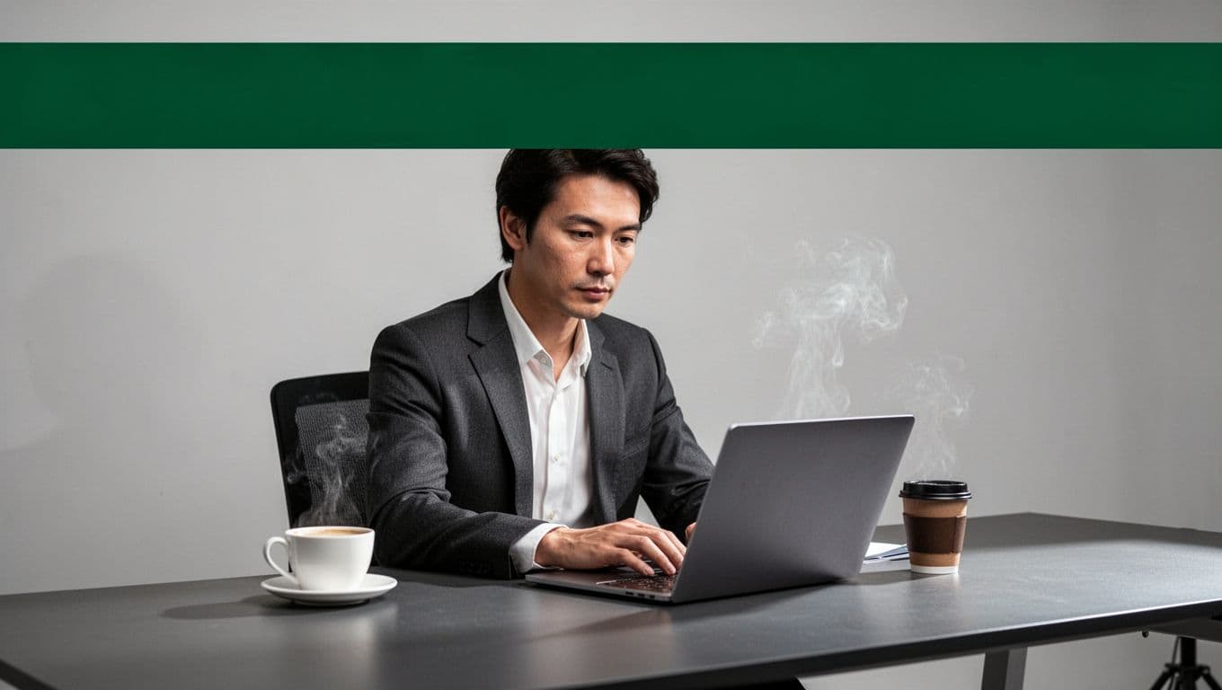 THREAT MAP headline above a desk with a laptop, coffee cup, and one person.