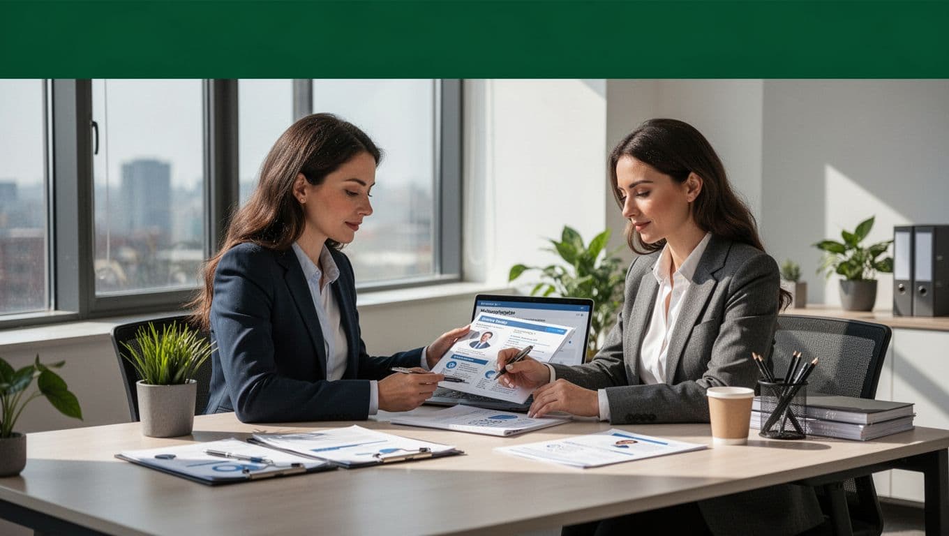 A recruiter reviews candidate profiles at a desk beneath a dark green Top Talent banner.