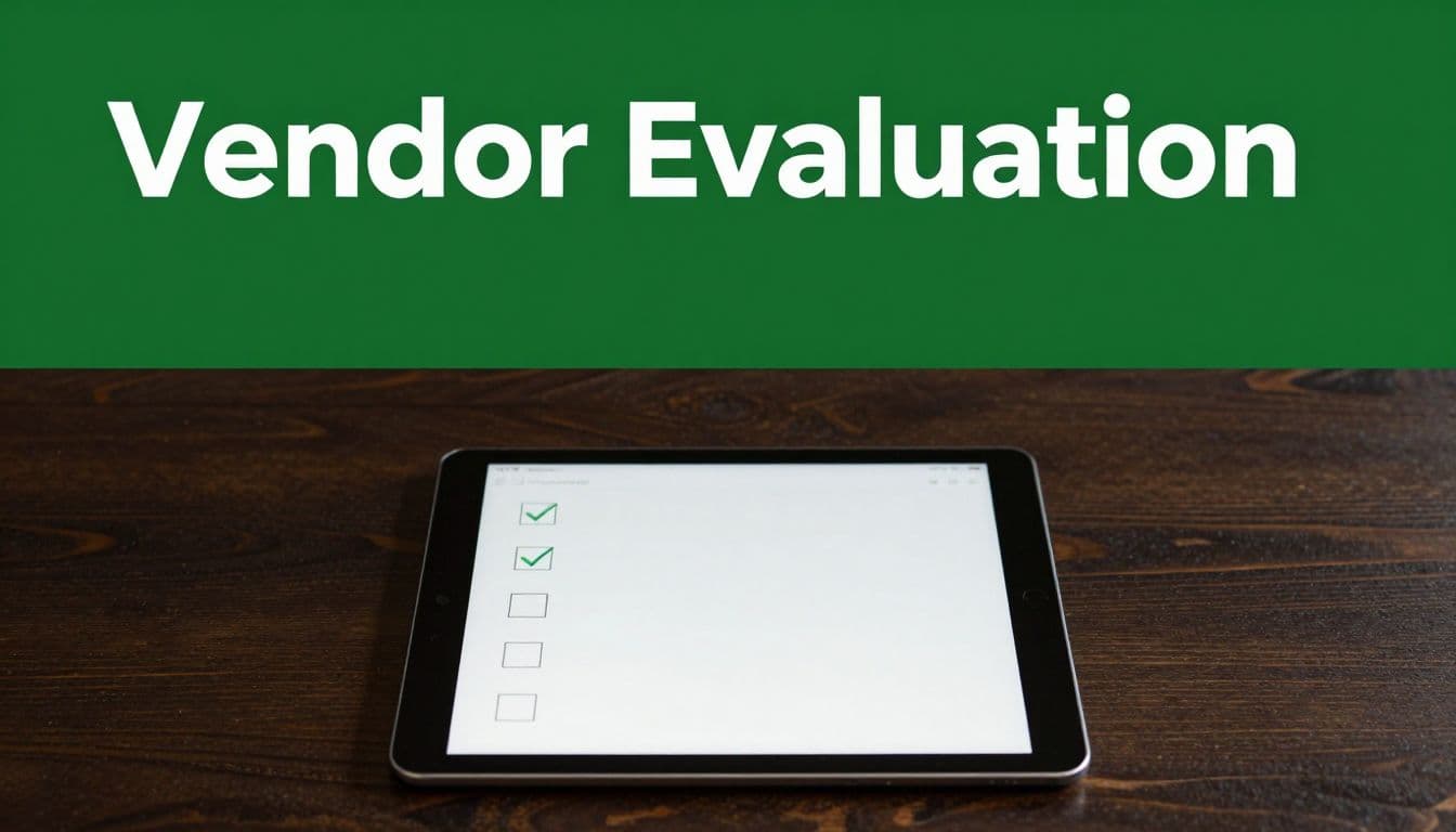 A tablet with checkmarks rests on dark wood beneath a green header banner.