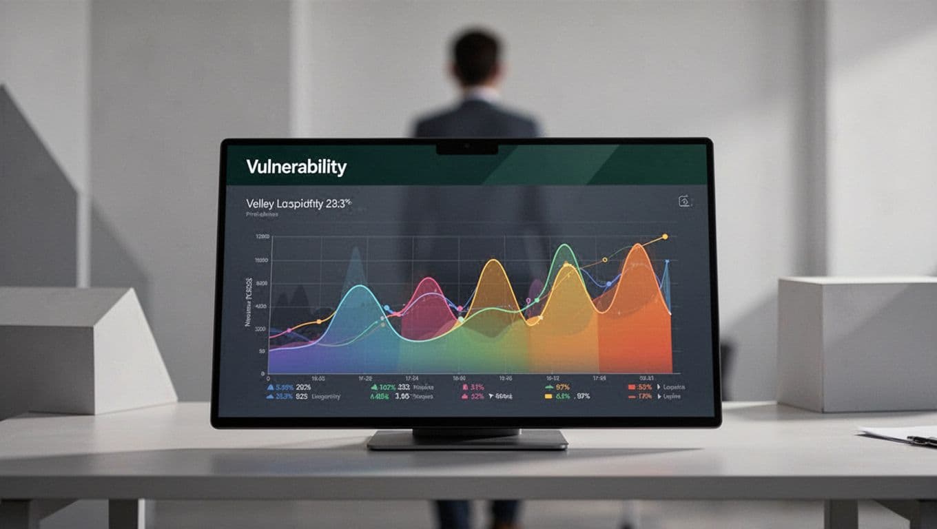 A software dashboard showing vulnerability metrics on a dark screen with a blurred figure in the background.