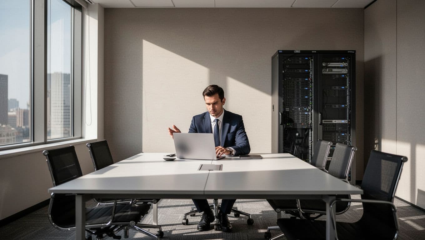 A corporate meeting room with a secure server rack below a bold headline band.