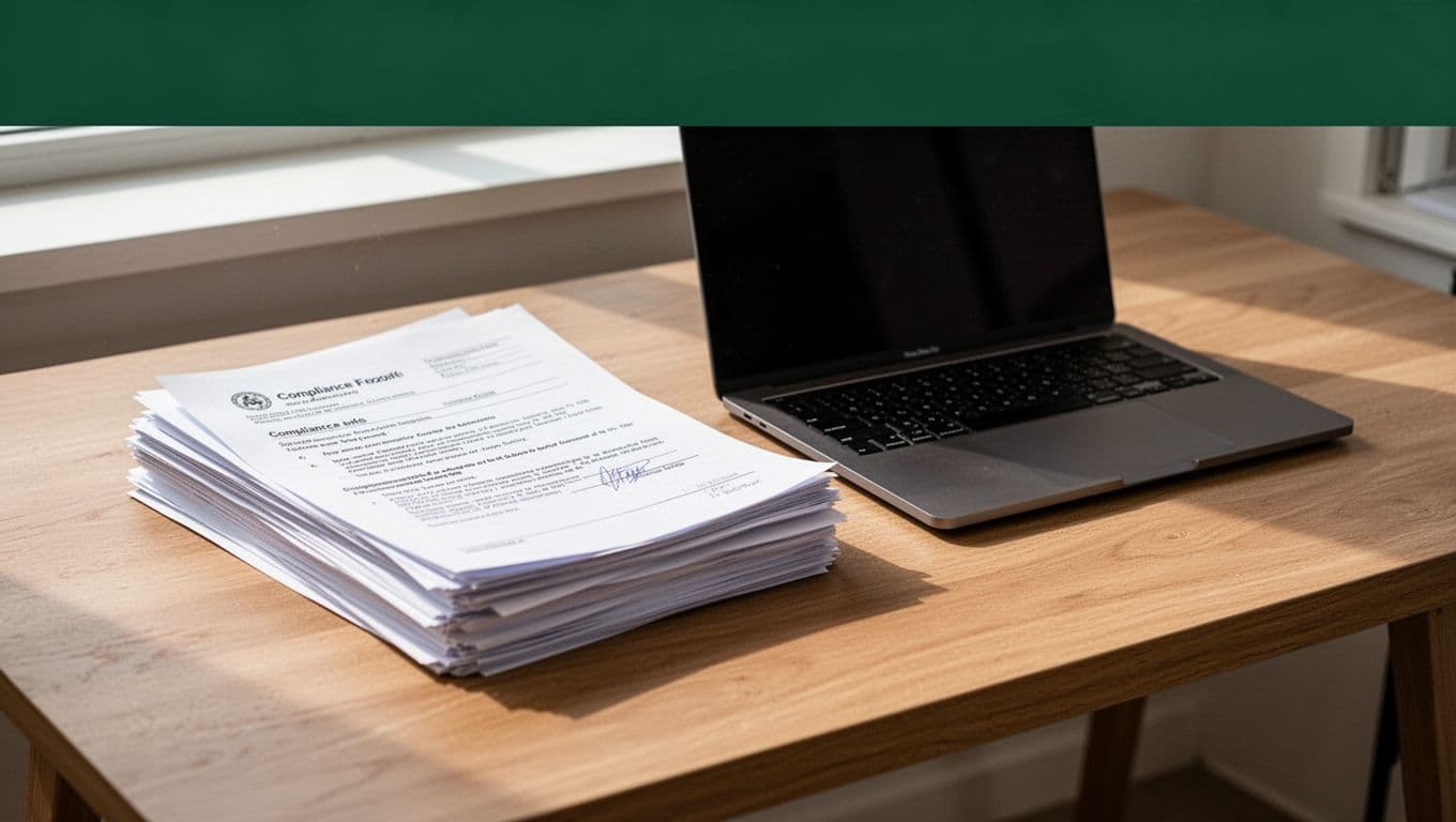 Compliance documents and a laptop on a wooden desk beneath a green banner.