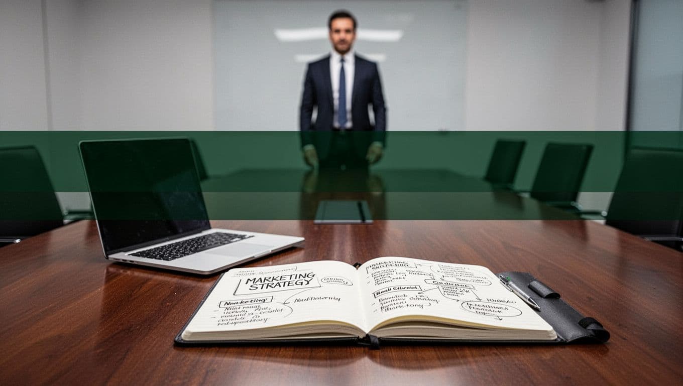 Boardroom table with strategy notes, a laptop, notebook, and one blurred person beneath a green headline banner.