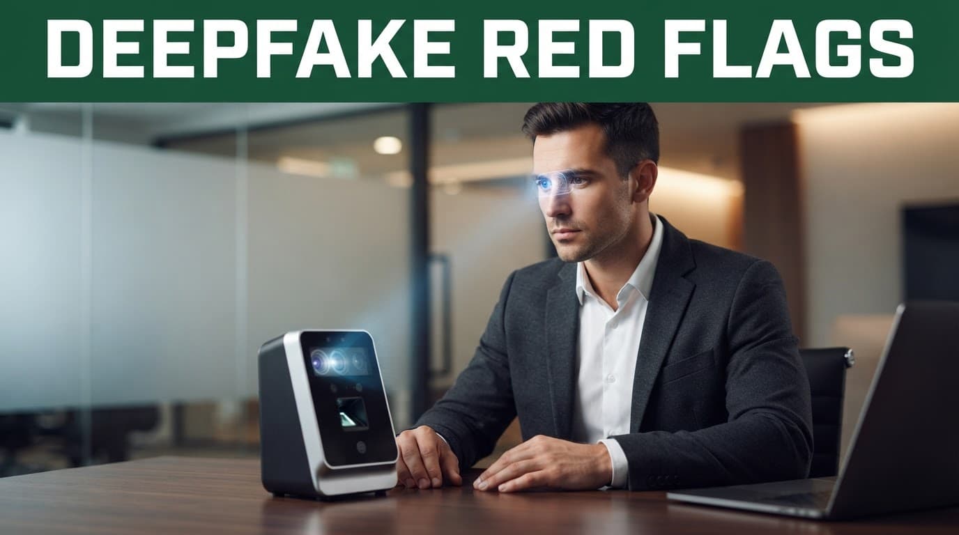 A person uses a biometric scanner beneath a green Deepfake Red Flags banner.