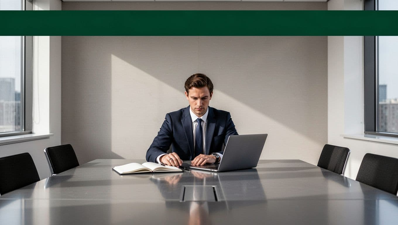 One professional sits at a meeting table beneath an Executive Search banner.