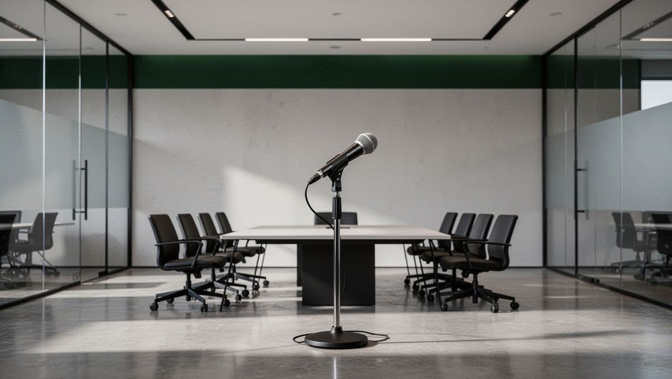 A microphone stands in a modern conference room beneath a dark-green VISIBILITY banner.