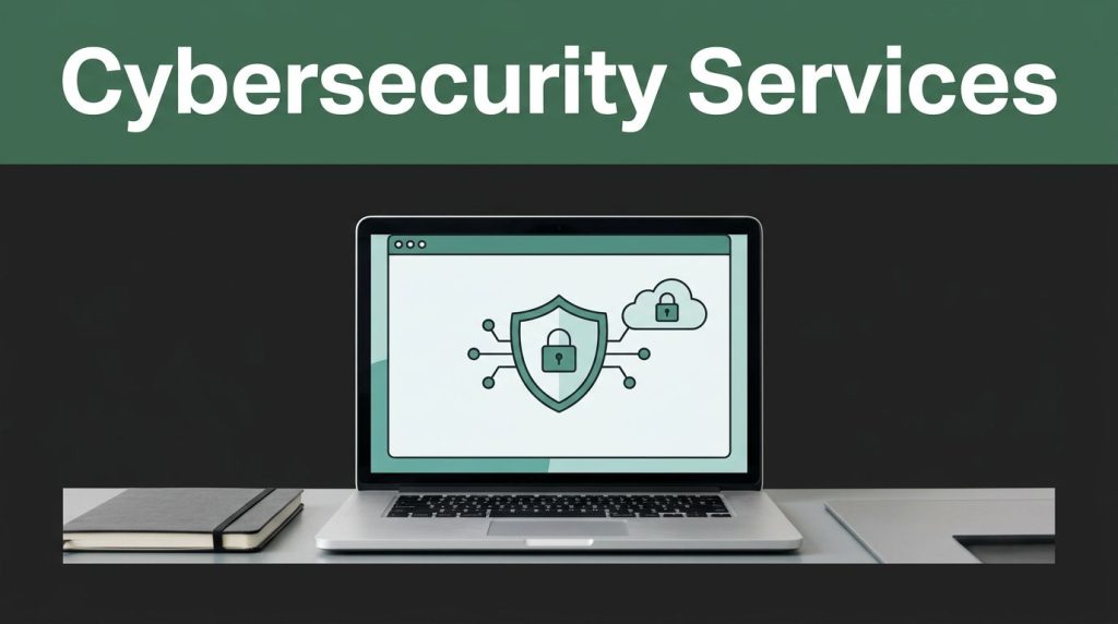 A laptop displays a shield, connected nodes, and locked cloud beneath a Cybersecurity Services headline.