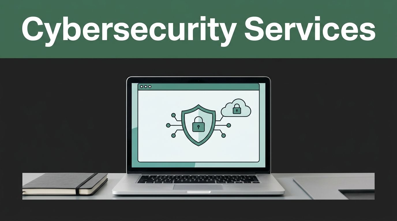 A laptop displays a shield, connected nodes, and locked cloud beneath a Cybersecurity Services headline.