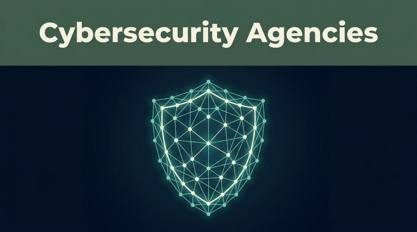 A glowing network shield above a dark digital landscape with a green headline band.