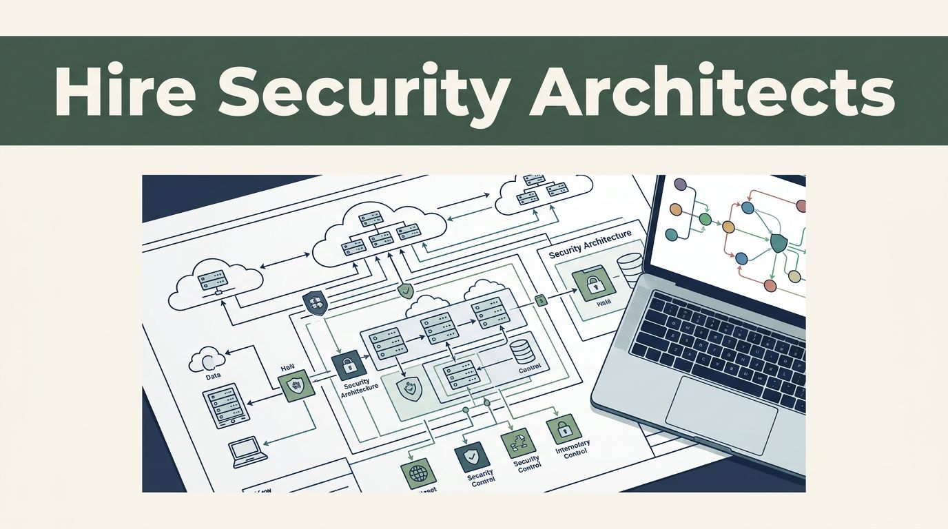Blueprint and laptop show a secure cloud network beneath a green headline.