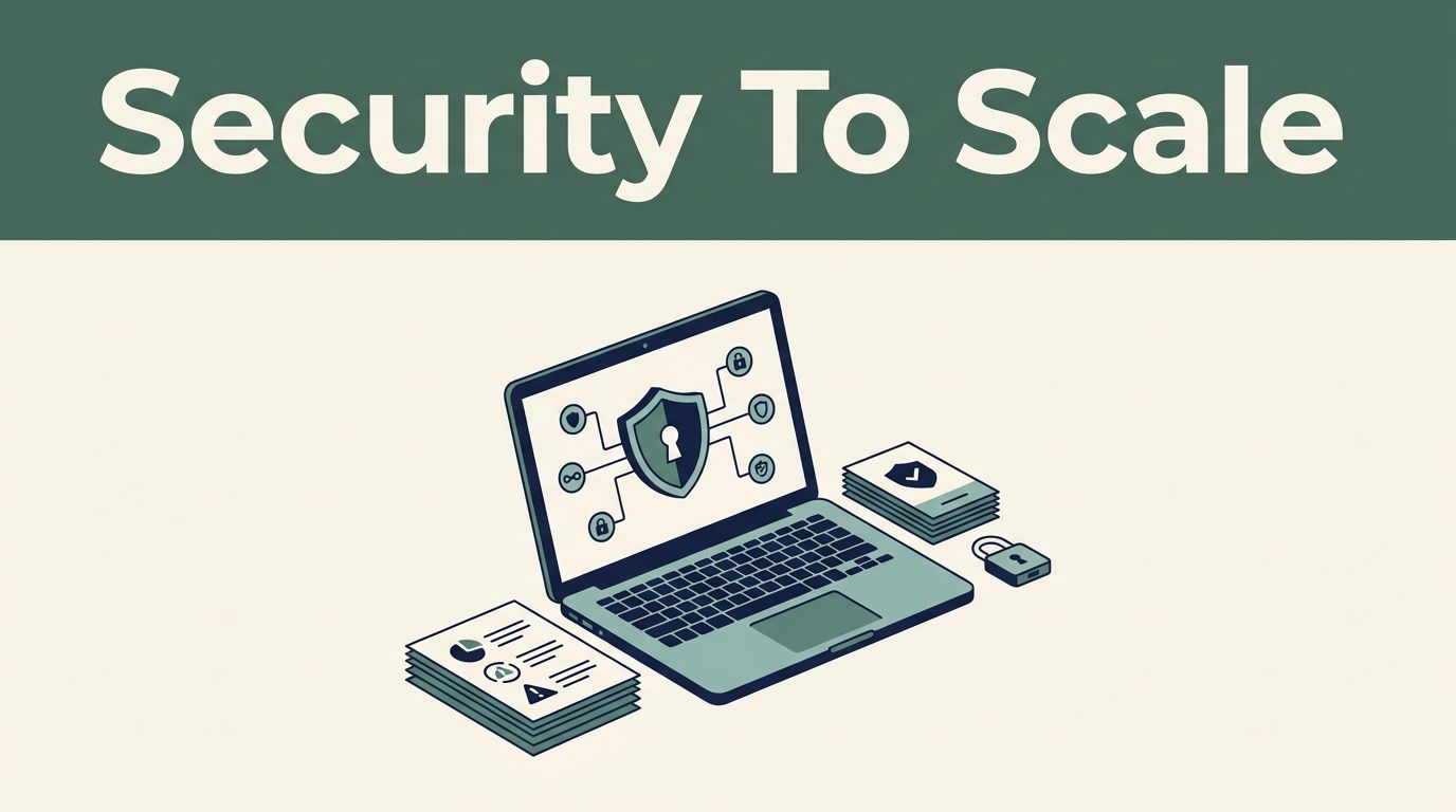 Laptop with a cybersecurity shield beside risk papers and a lock token.