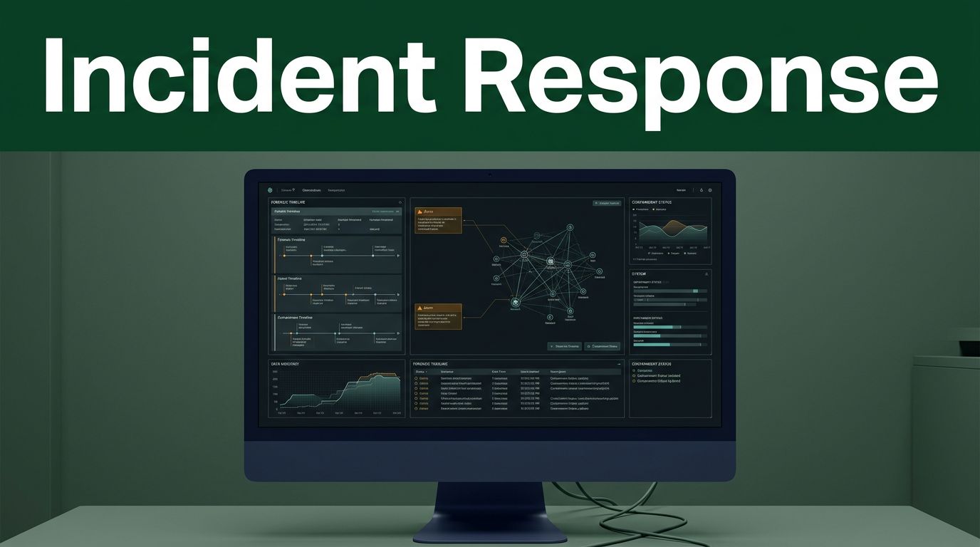Security workstation showing forensic timelines and network activity below an Incident Response heading.