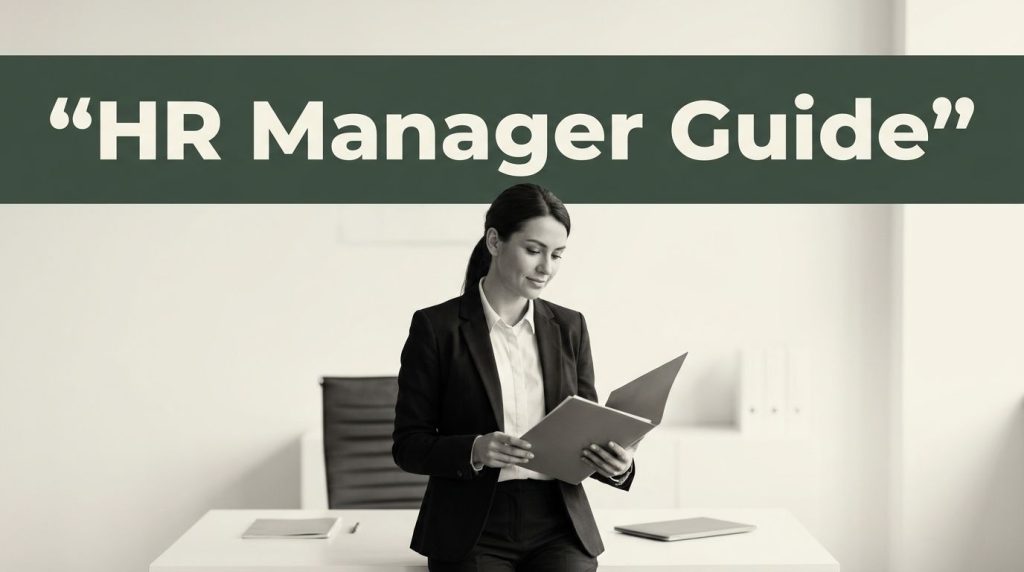 HR manager reviewing a personnel folder beneath a green HR Manager Guide banner.