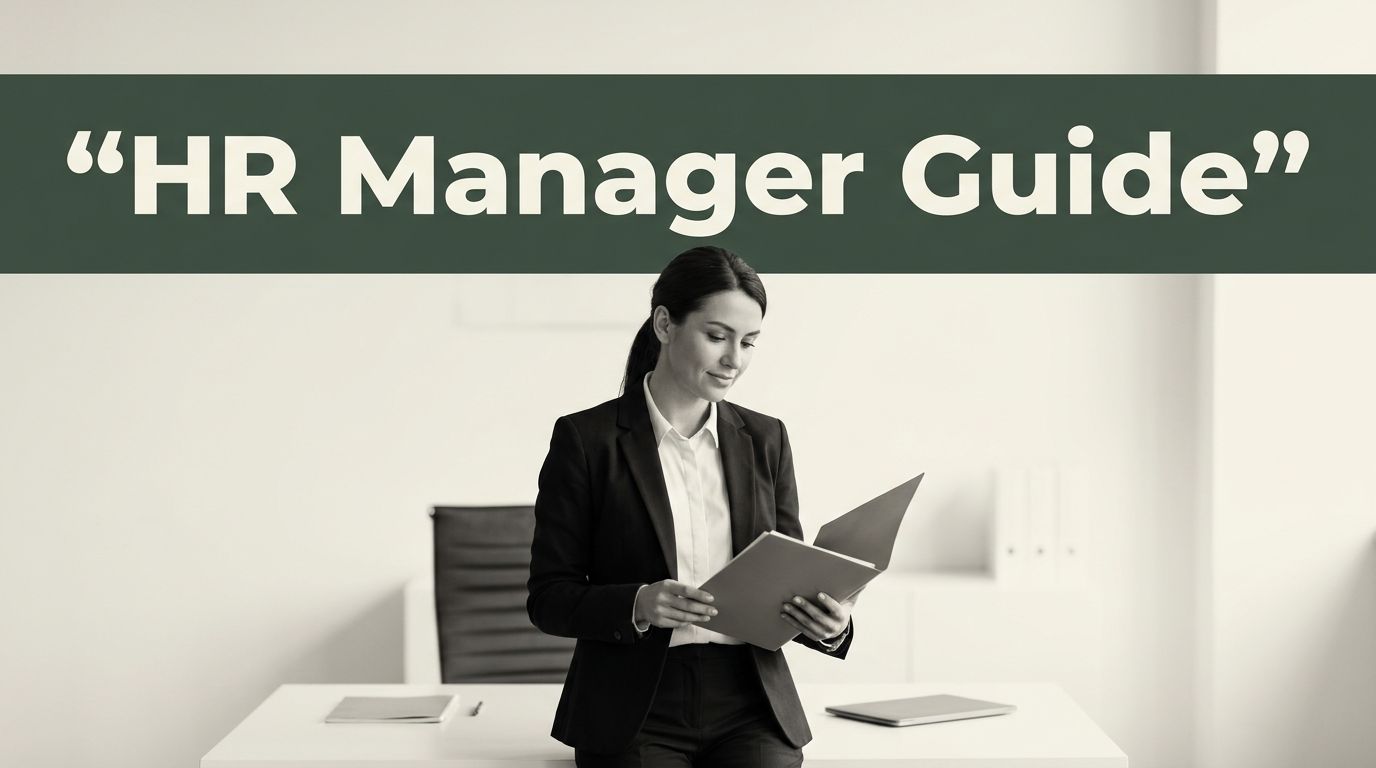 HR manager reviewing a personnel folder beneath a green HR Manager Guide banner.