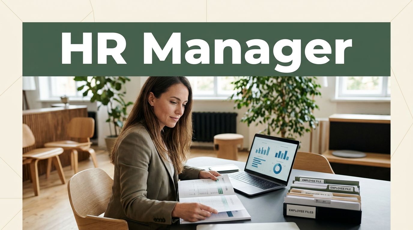 HR manager reviewing a document beside a laptop and employee files.