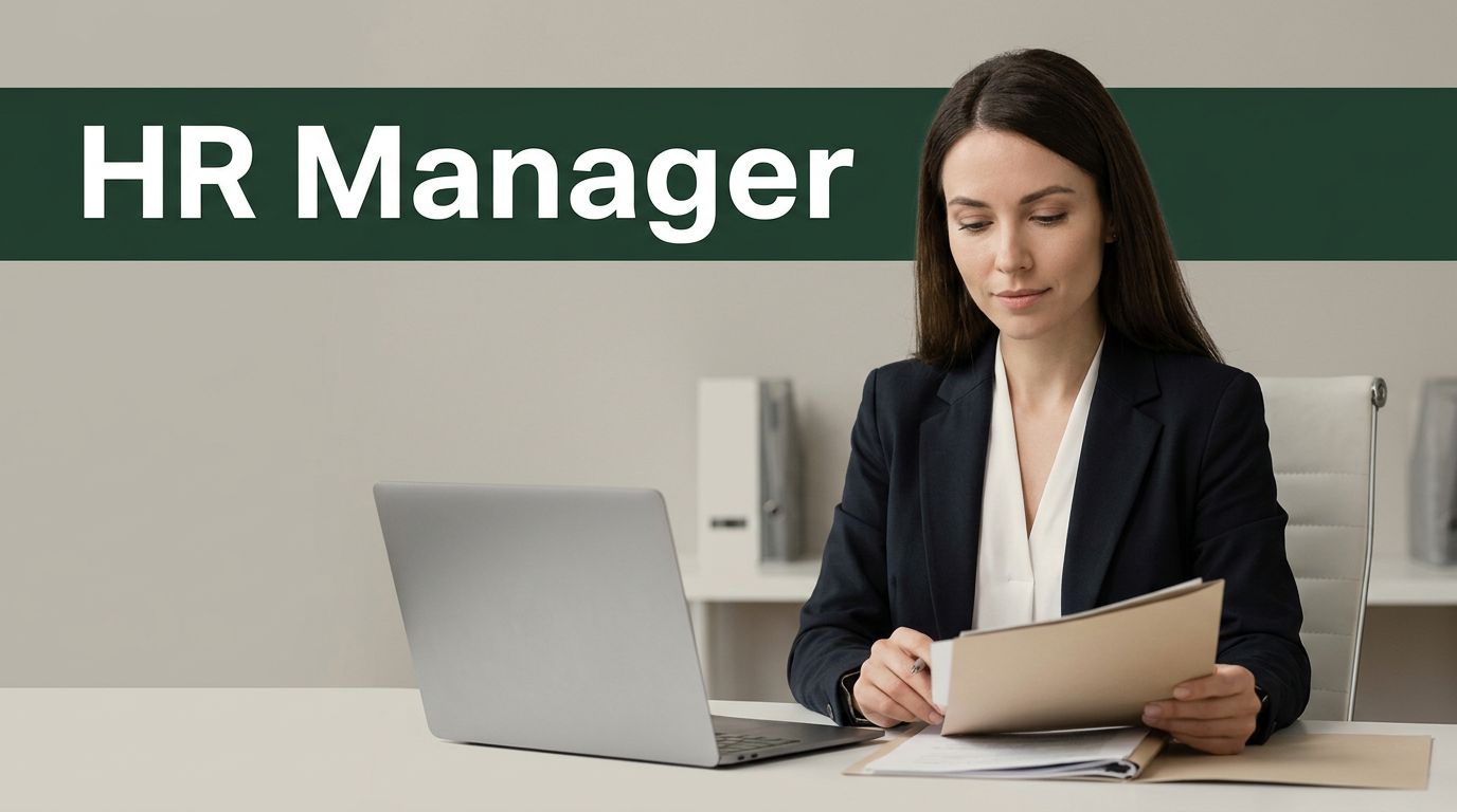 Female HR manager reviewing an employee file beside a laptop at her desk.