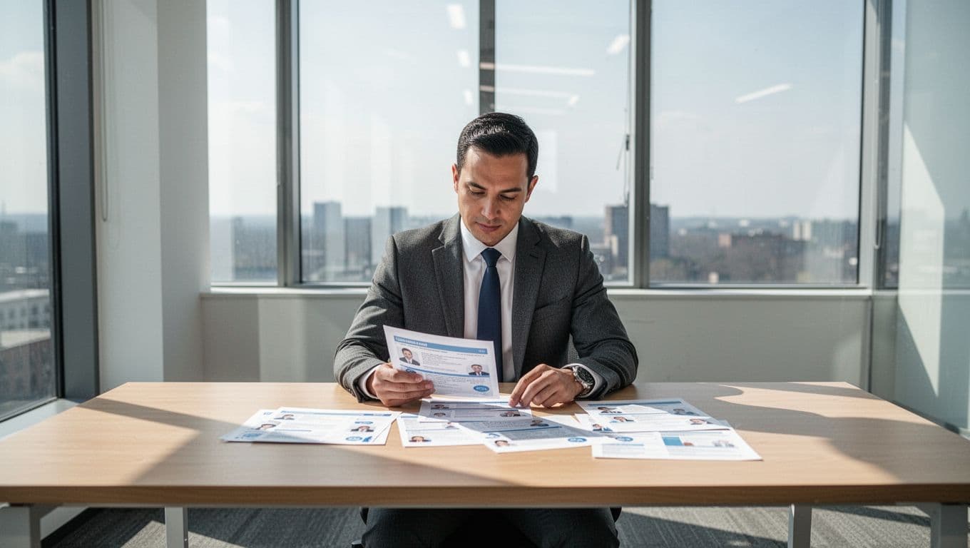 An HR manager reviews candidate profiles at a wooden desk in a bright office.