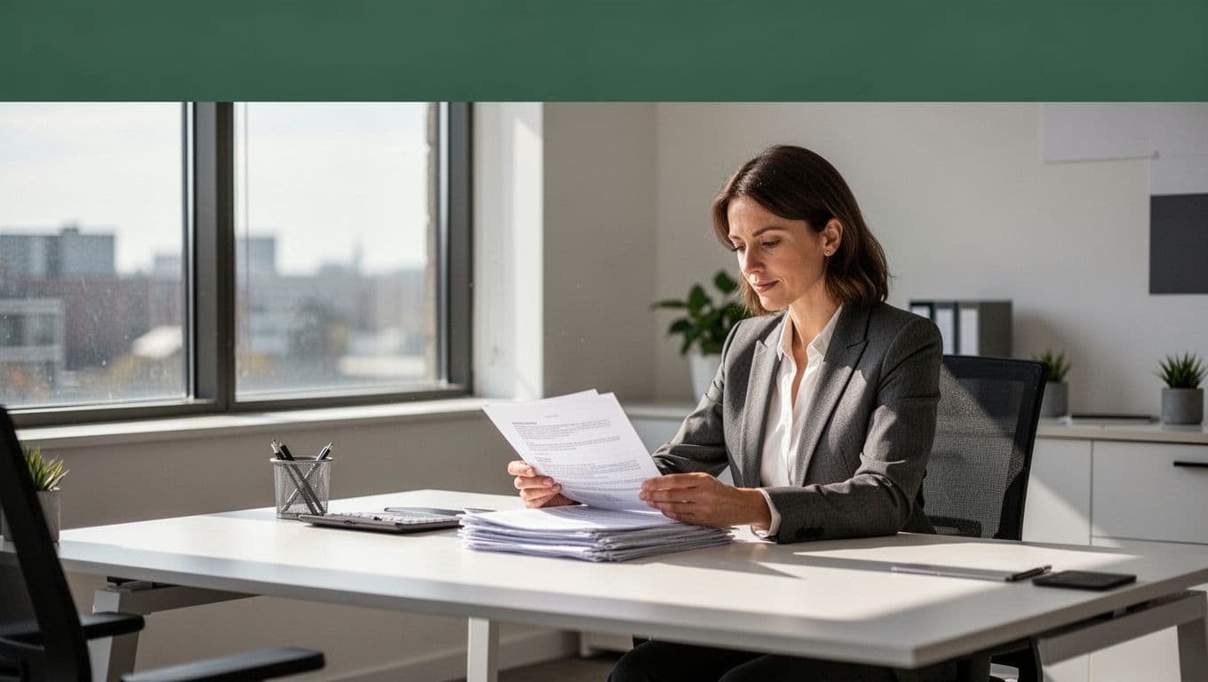 An HR manager reviews papers at a clean desk in a modern office.