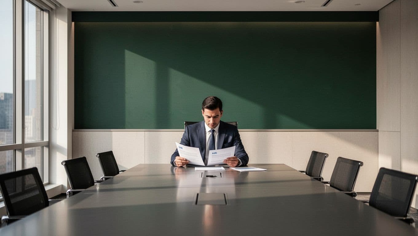 One professional seated at a conference table beneath a dark-green design band.